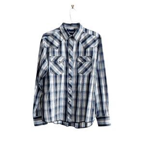 Wrangler MVG186M Mens Western Long Sleeve Snap Up Shirt Plaid Blue White Large